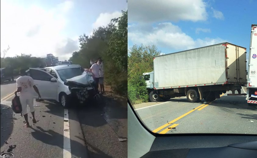 Acidente envolvendo carro de passeio e caminhão baú deixa três pessoas feridas na BR 324